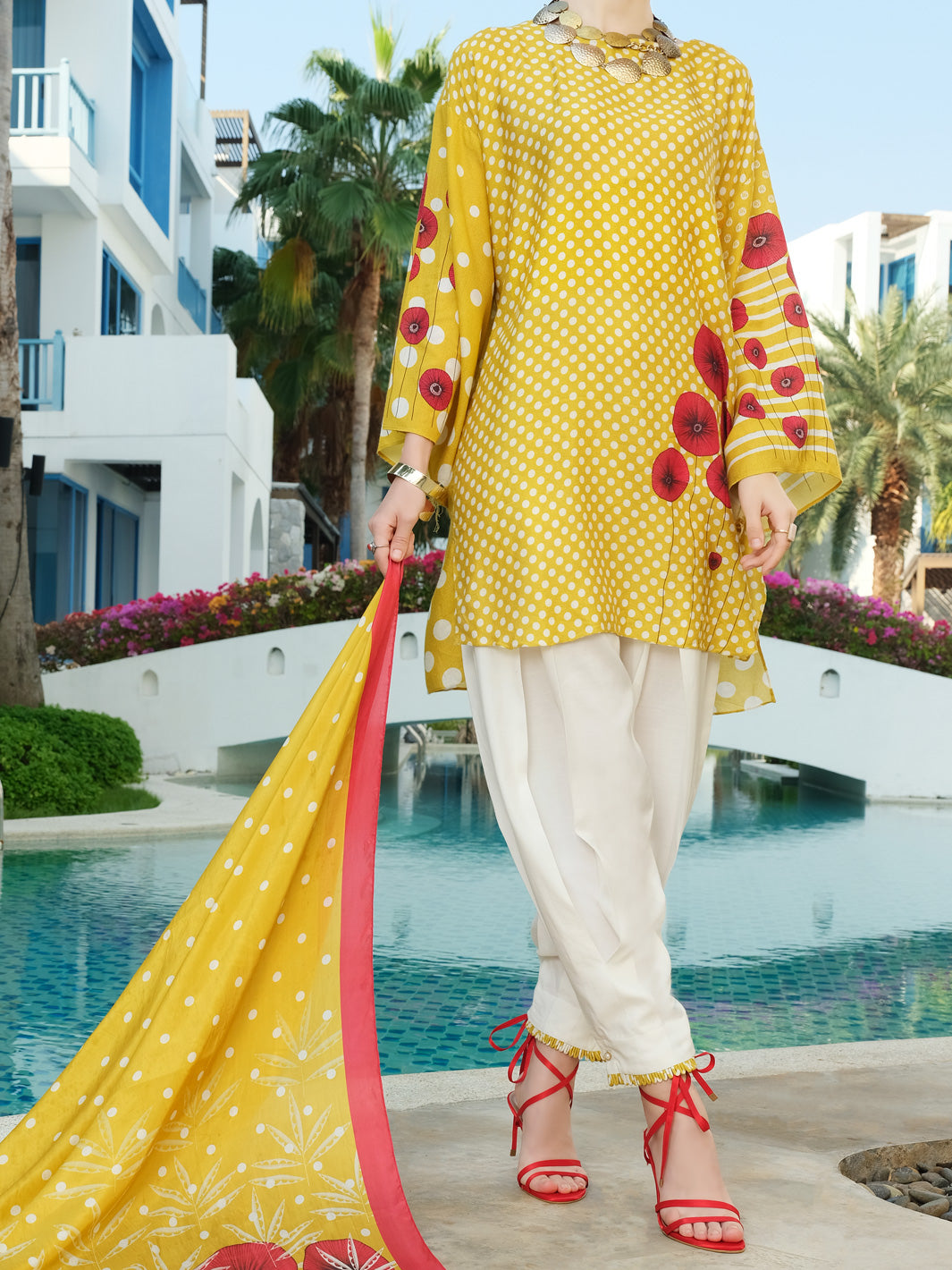 Yellow Viscose Net 3Pc Stitched - ALP-3PS-840