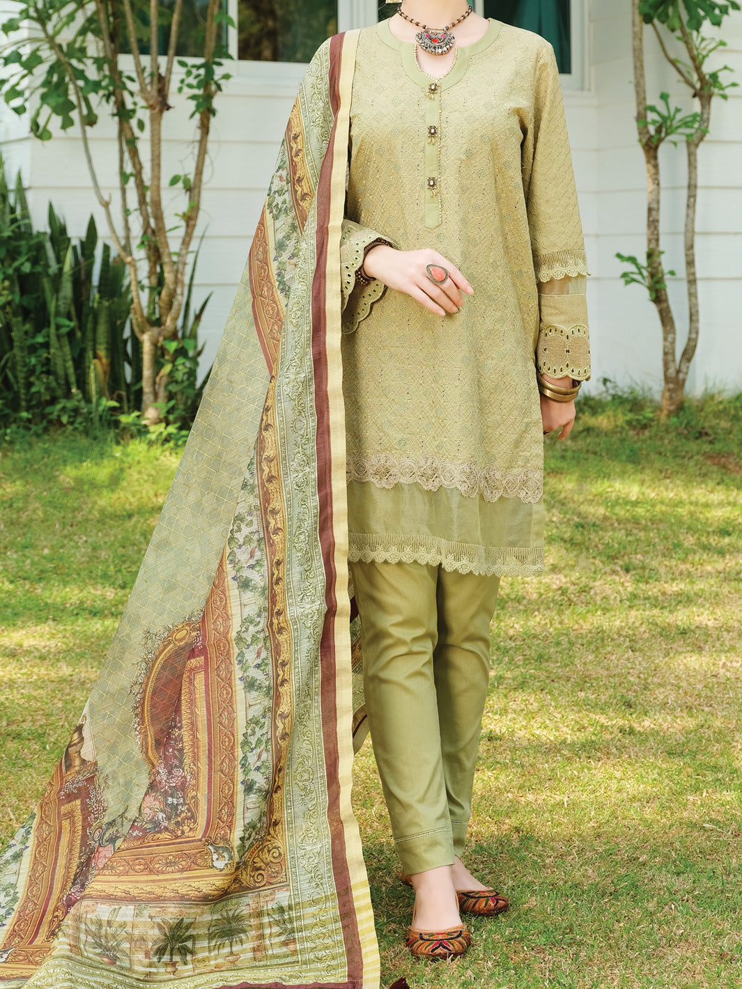 Green Schiffli Lawn 3 Piece Stitched - ALP-3PS-830