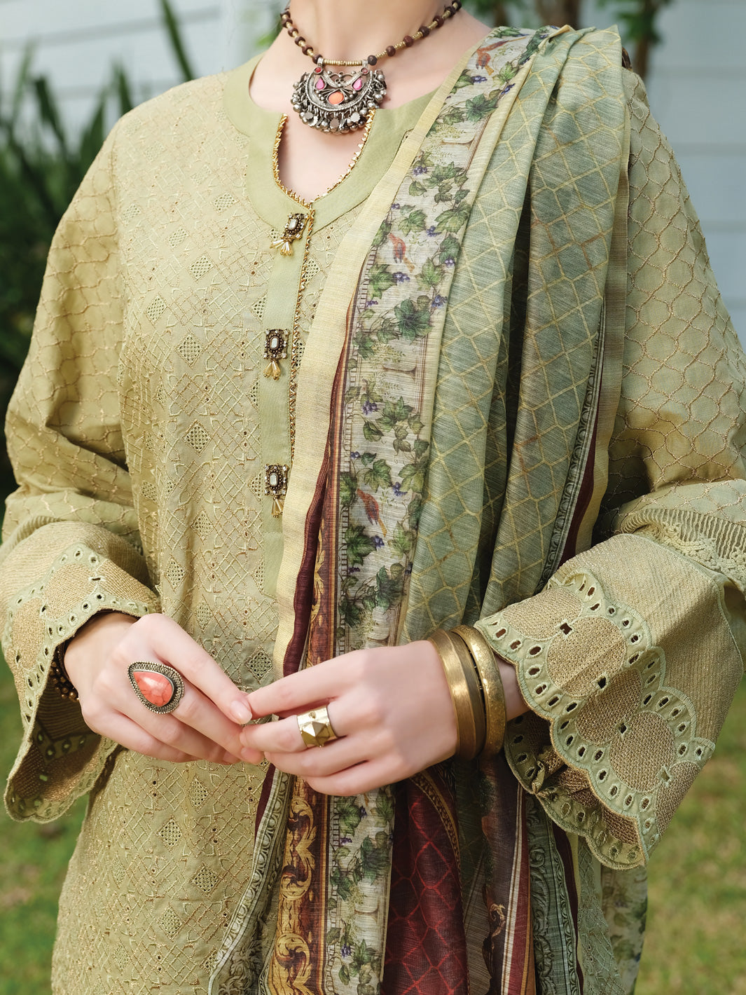 Green Schiffli Lawn 3 Piece Stitched - ALP-3PS-830