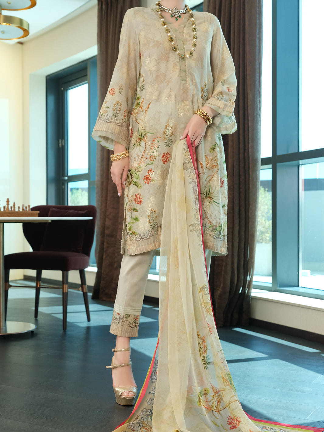 Beige Jacquard 3 Piece Stitched - ALP-3PS-896