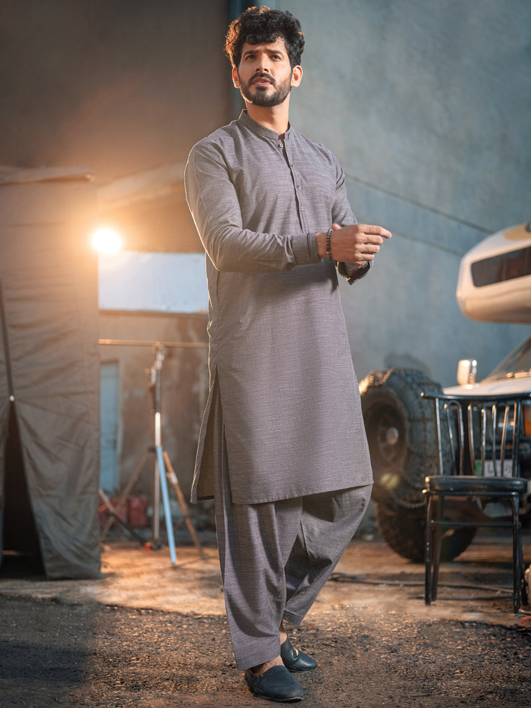 Ash Grey Blended Kurta Shalwar - AL-KS-2656
