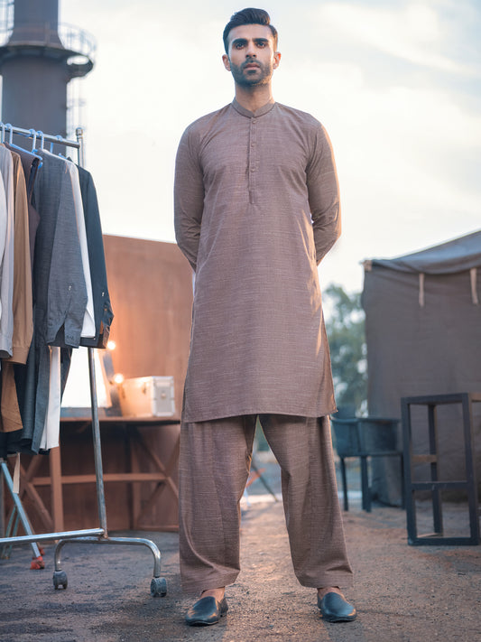 Brown Textured Kurta Shalwar - AL-KS-2659