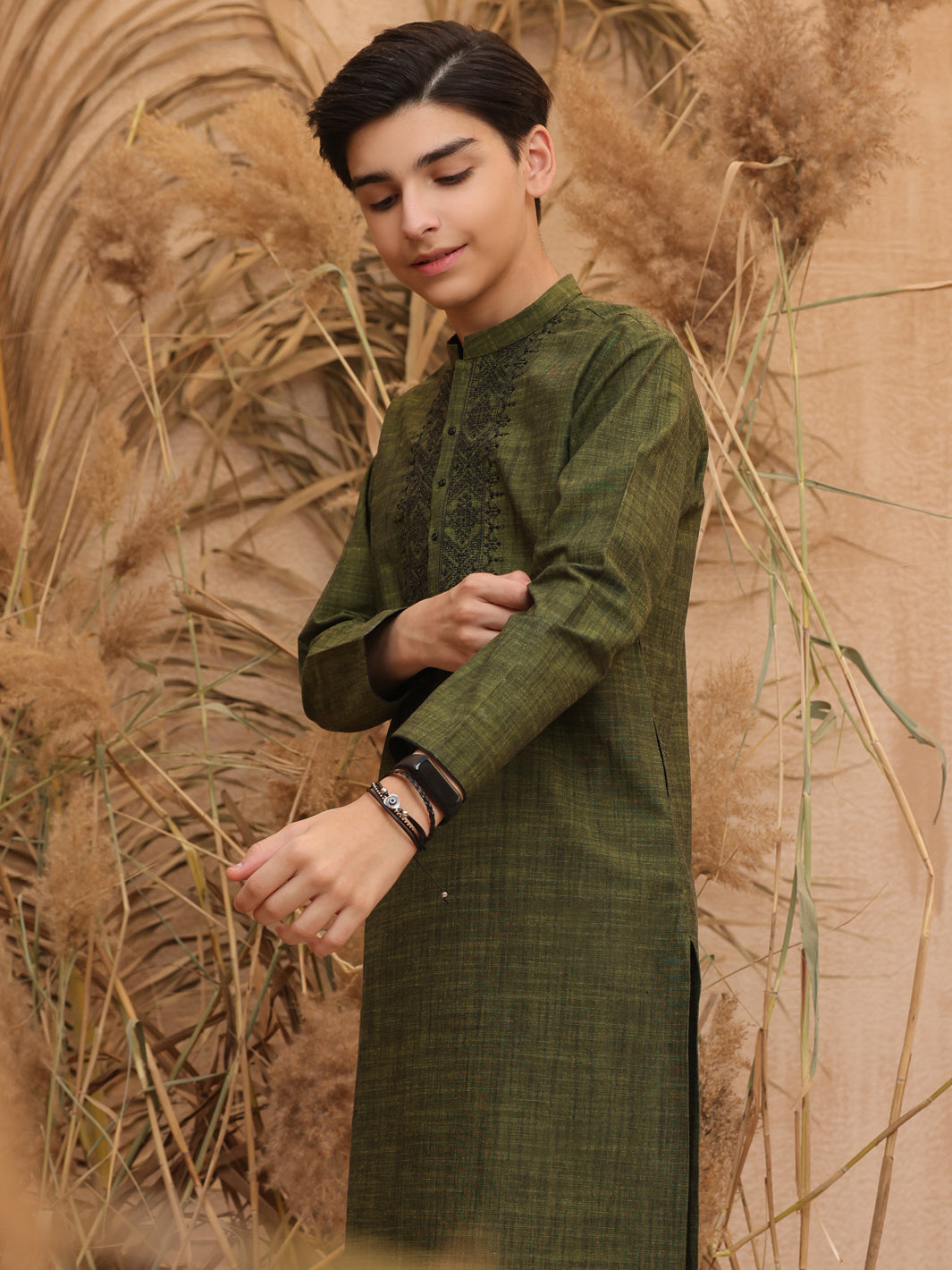Olive Green Blended Boy Kurta - ALT-K-014