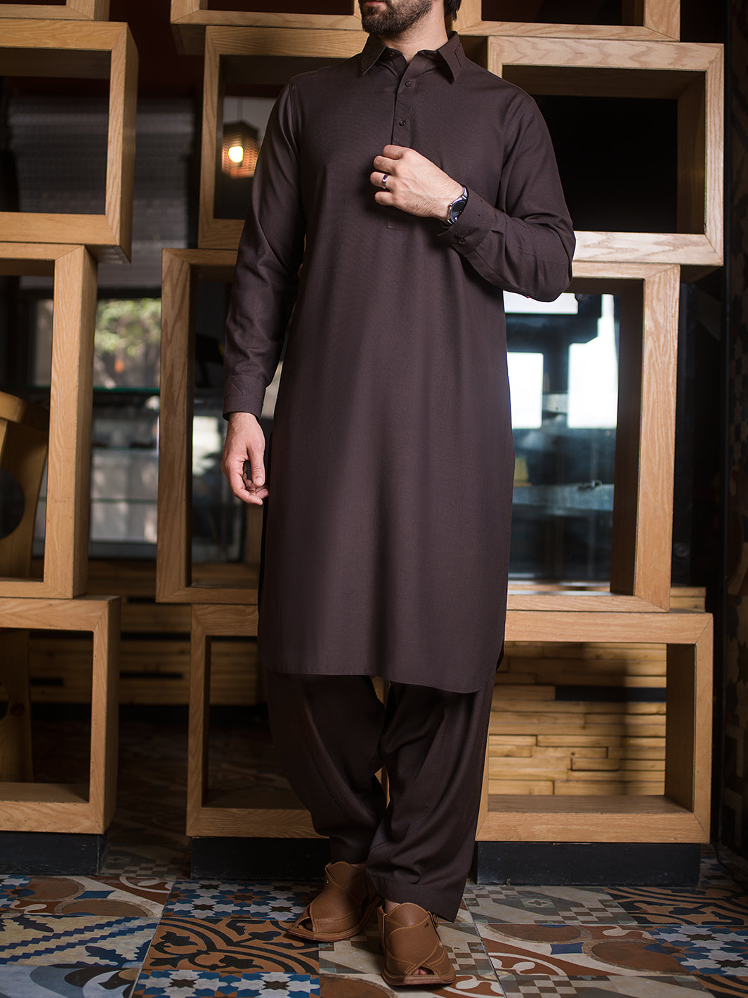Brown Blended Kameez Shalwar - ALWA-KS-122