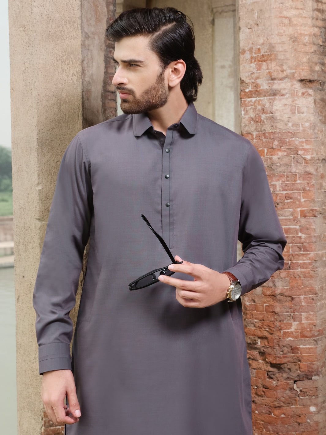 Charcoal Grey Blended Kameez Shalwar - ALWA-KS-207