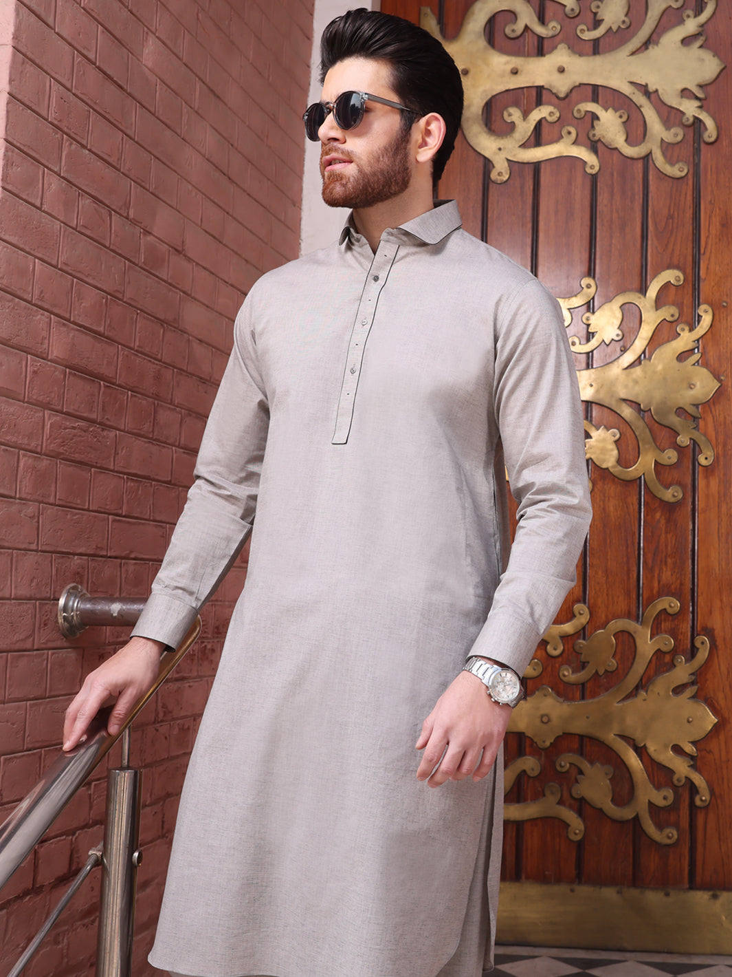 Grey Cotton Kameez Shalwar - ALWA-KS-217