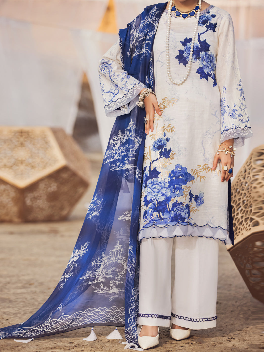 Blue 3 Piece Khaddar Unstitched - AWP-3PS-344
