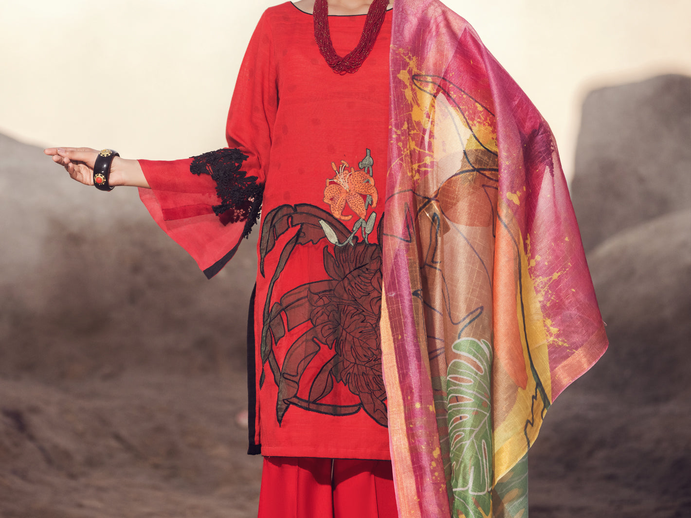 Red Khaddar 3Pc Stitched - AWP-3PS-348