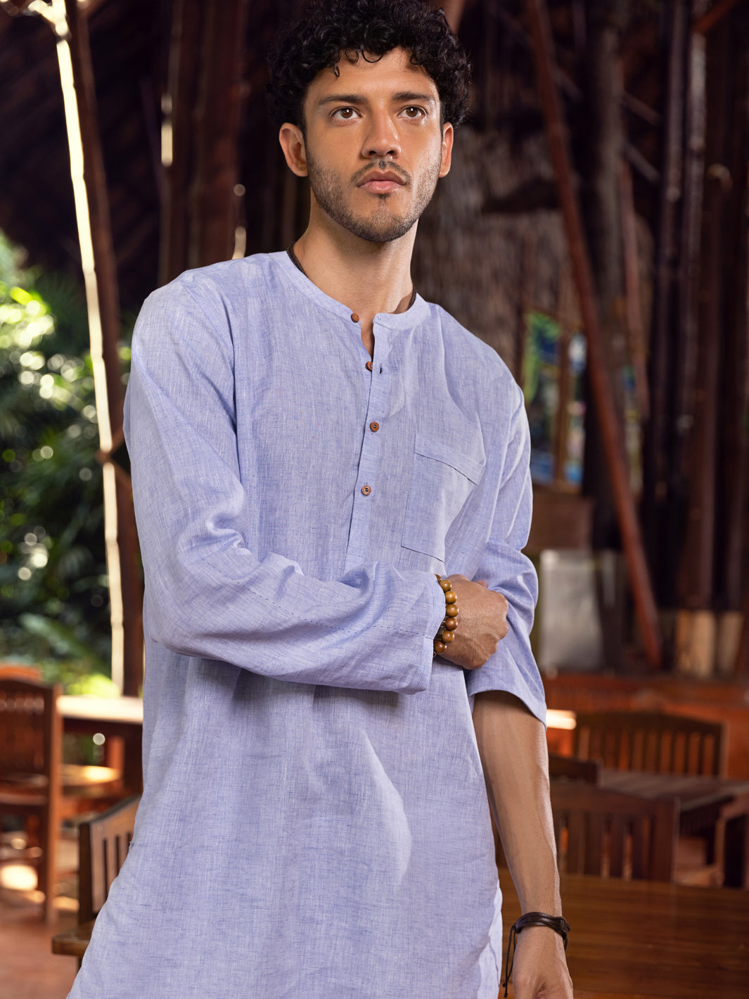 Light Blue Linen Short Kurta - ALCR-K-025