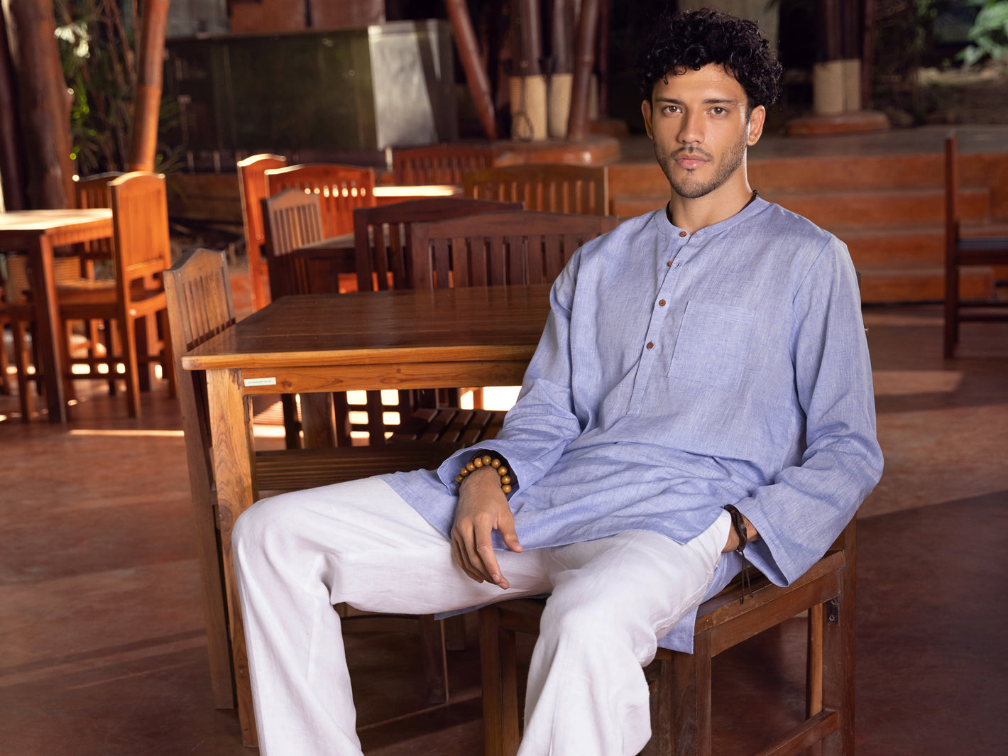Light Blue Linen Short Kurta - ALCR-K-025