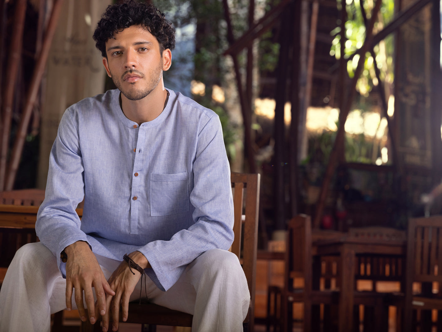 Light Blue Linen Short Kurta - ALCR-K-025