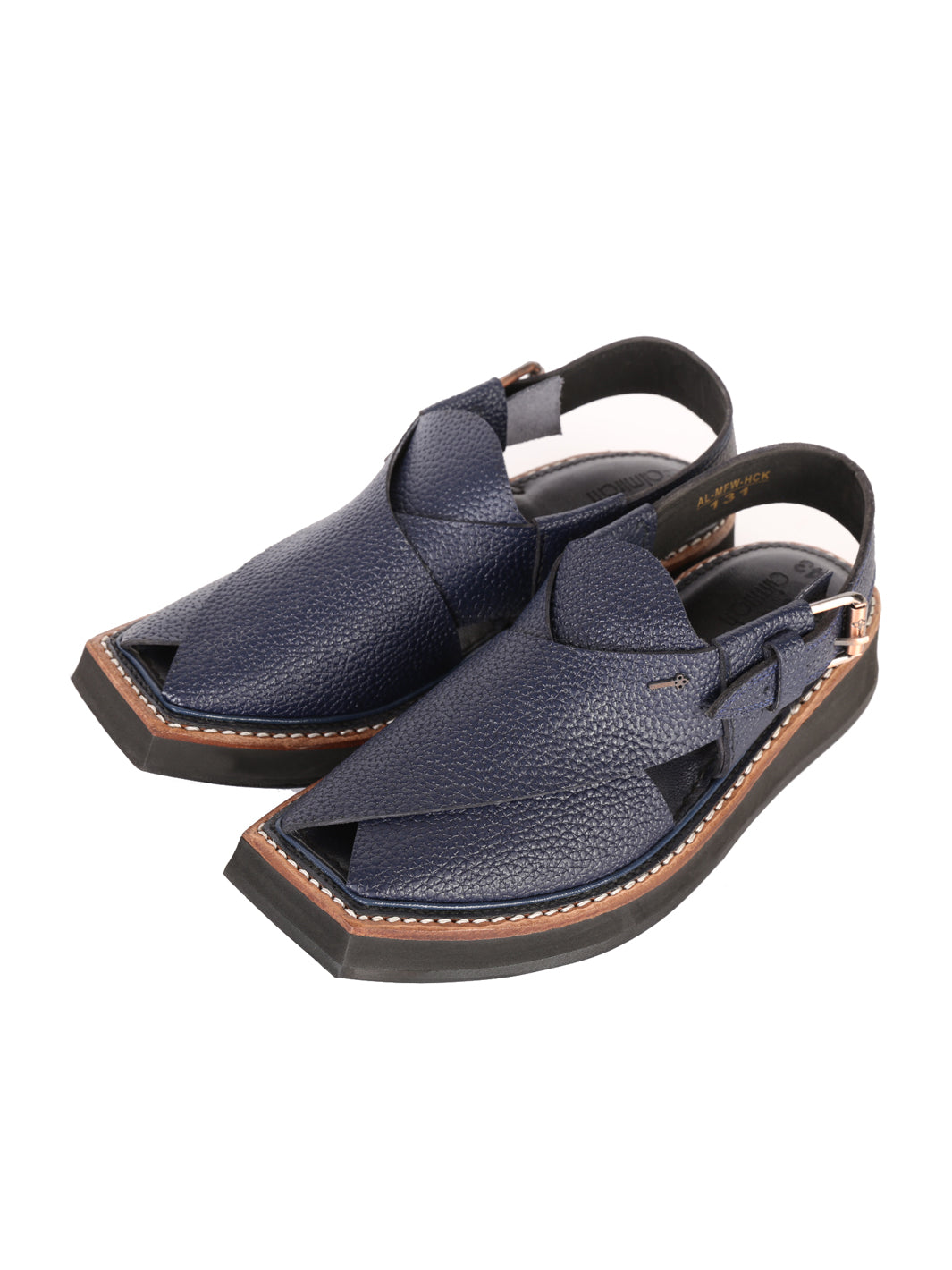Blue Textured Leather Peshawari Chappal - AL-MFW-HCK-131