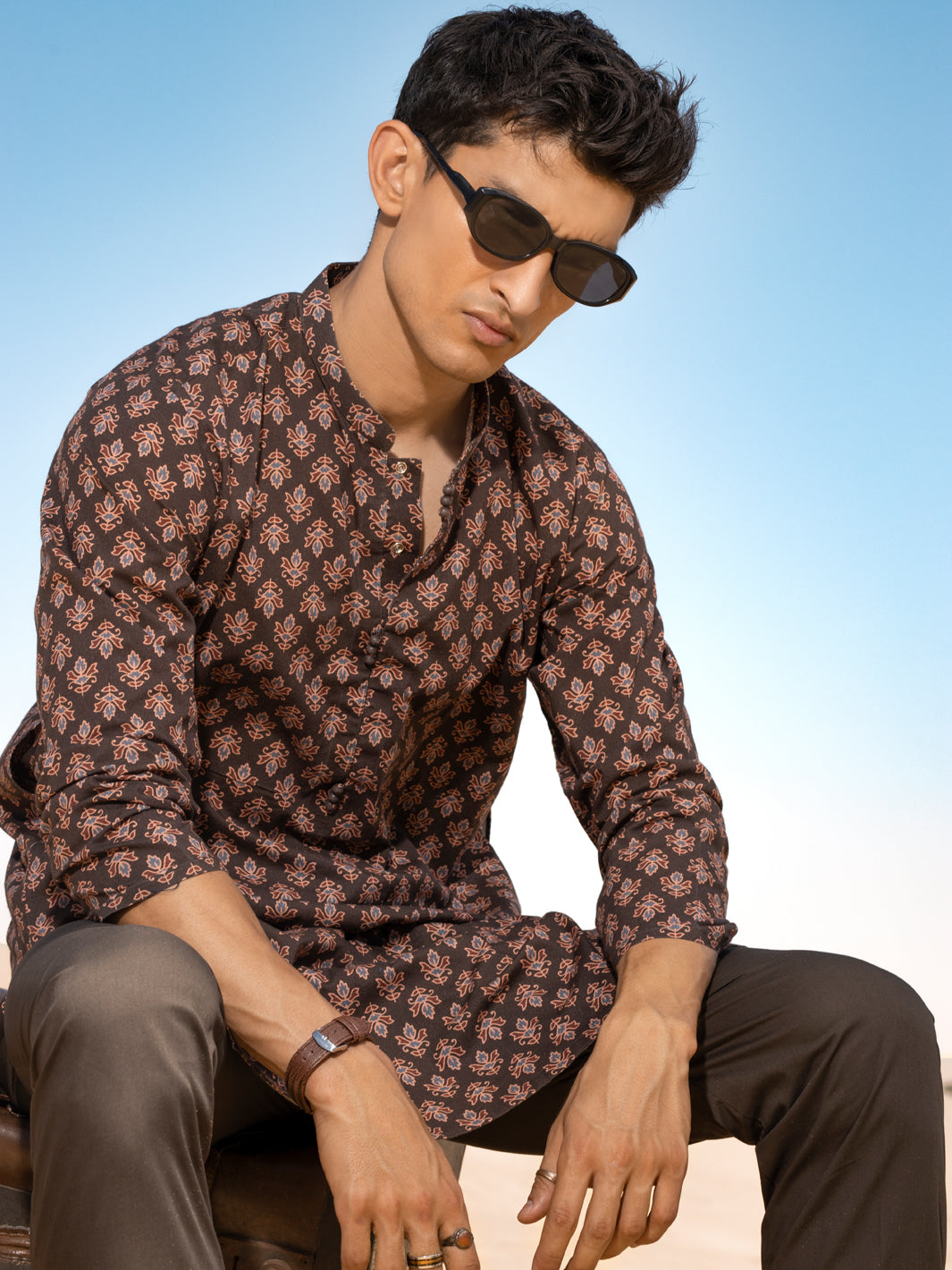 Dark Brown Linen Short Kurta - ALCR-K-036