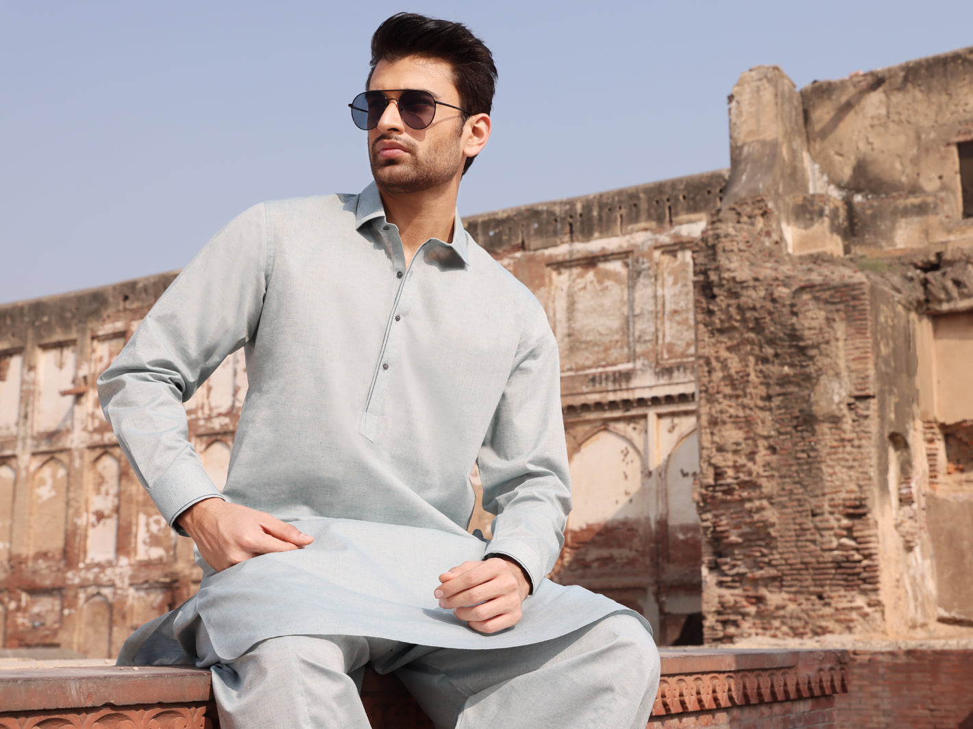 Light Blue Blended Kameez Shalwar - ALWA-KS-222
