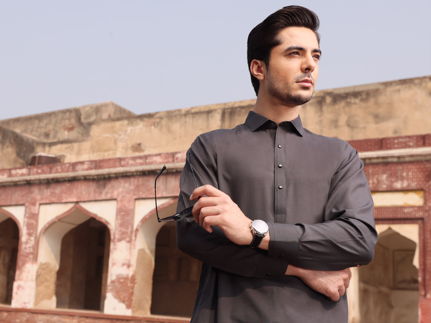 Charcoal Grey Blended Kameez Shalwar - ALWA-KS-233