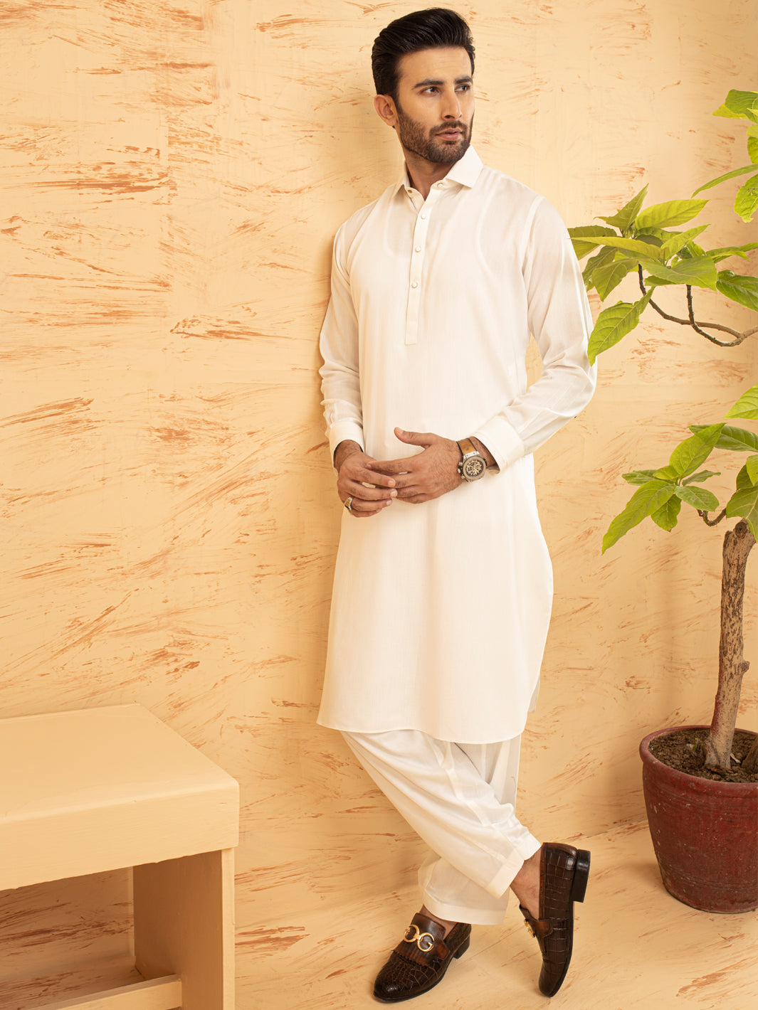 White Blended Kameez Shalwar - ALWA-KS-366