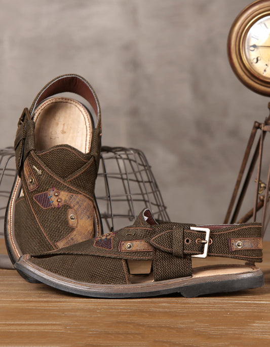 Kahi Green Leather Peshawari Chappal - MFW-FB-012