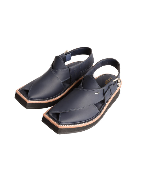 Navy Blue Leather Peshawari Chappal - MFW-HCK-133