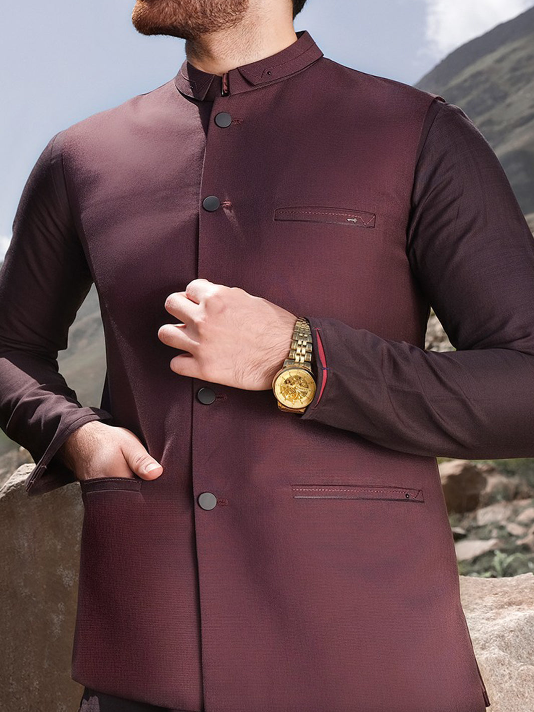 Maroon Blended Waistcoat WC-271 – Almirah - Main Image