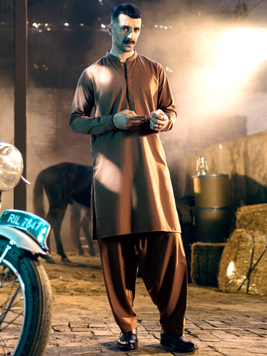 Brown Blended Kameez Shalwar - AL-KS-2850