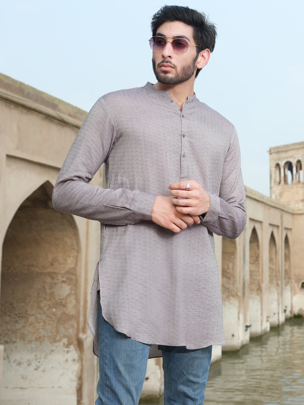 Light Grey Woven Kurta - AL-K-875