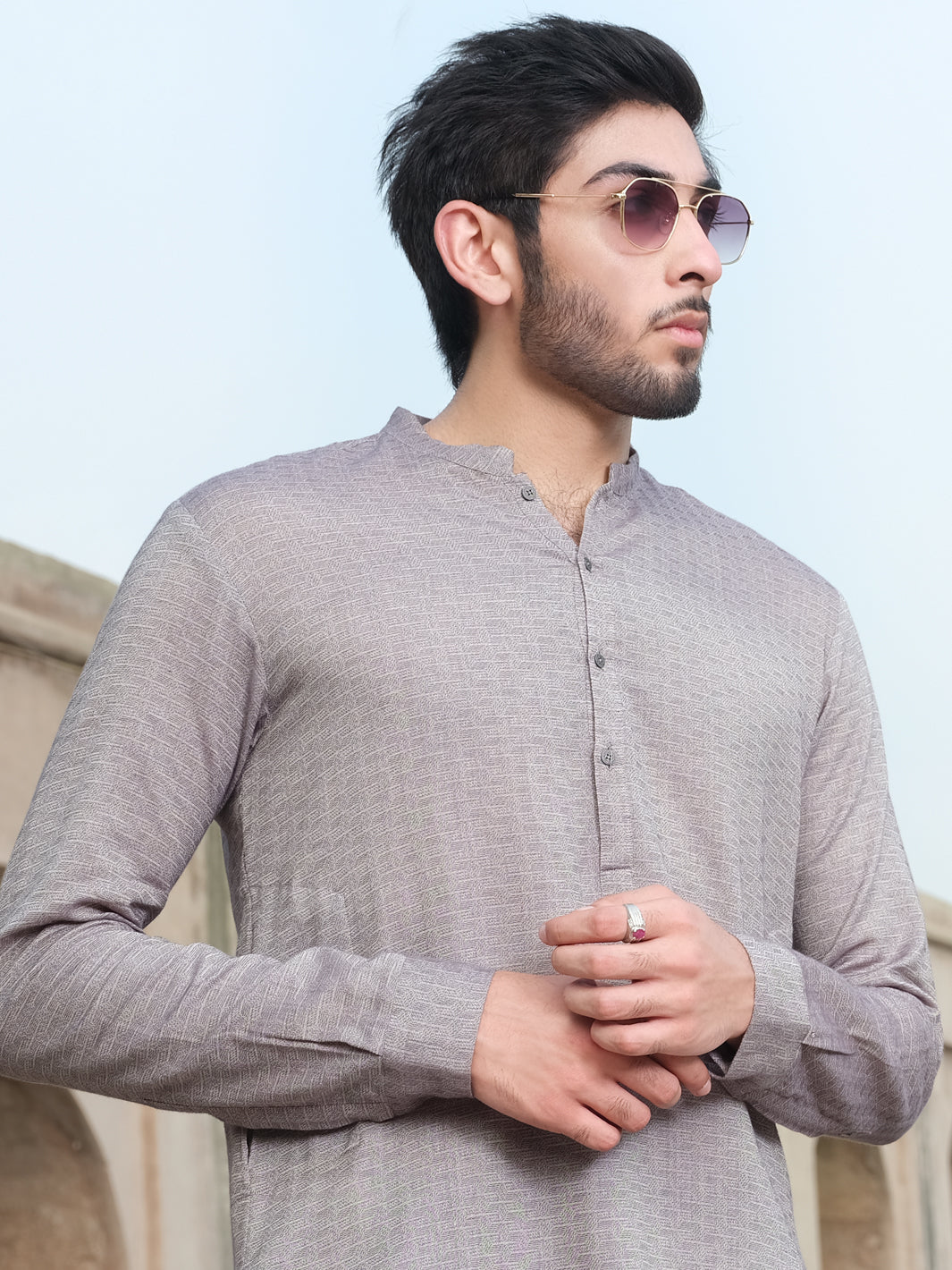 Light Grey Woven Kurta - AL-K-875