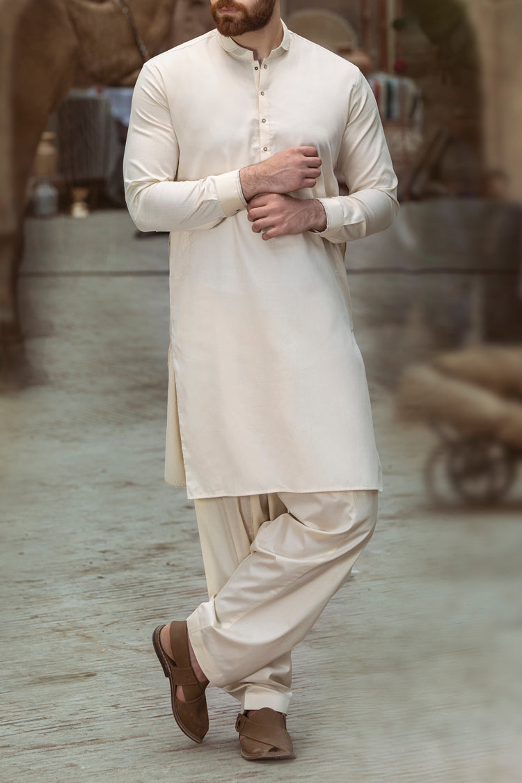 Off White Cotton Kameez Shalwar - AL-KS-2383