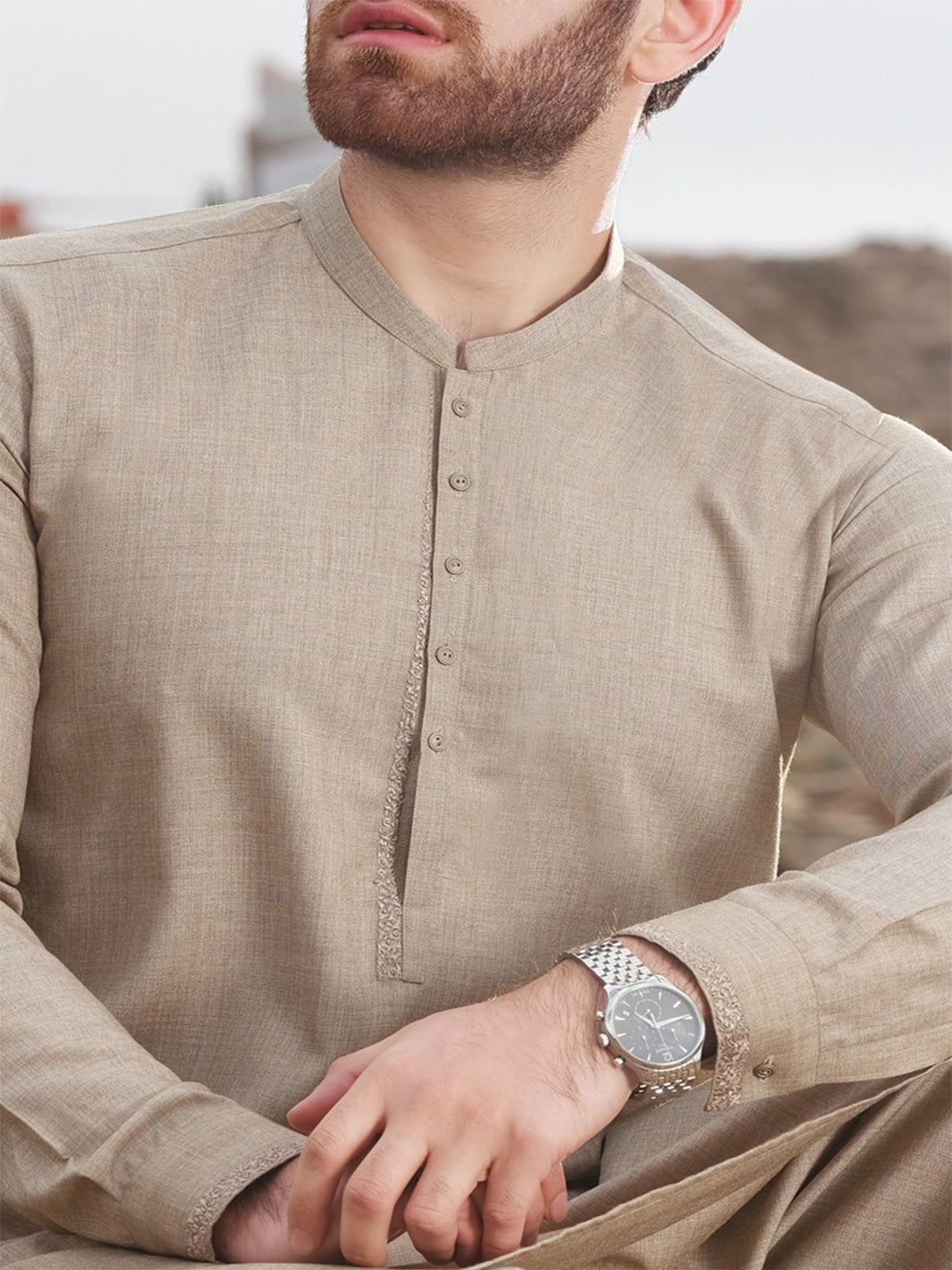 Sand Colored Blended Kameez Shalwar - AL-KS-2428