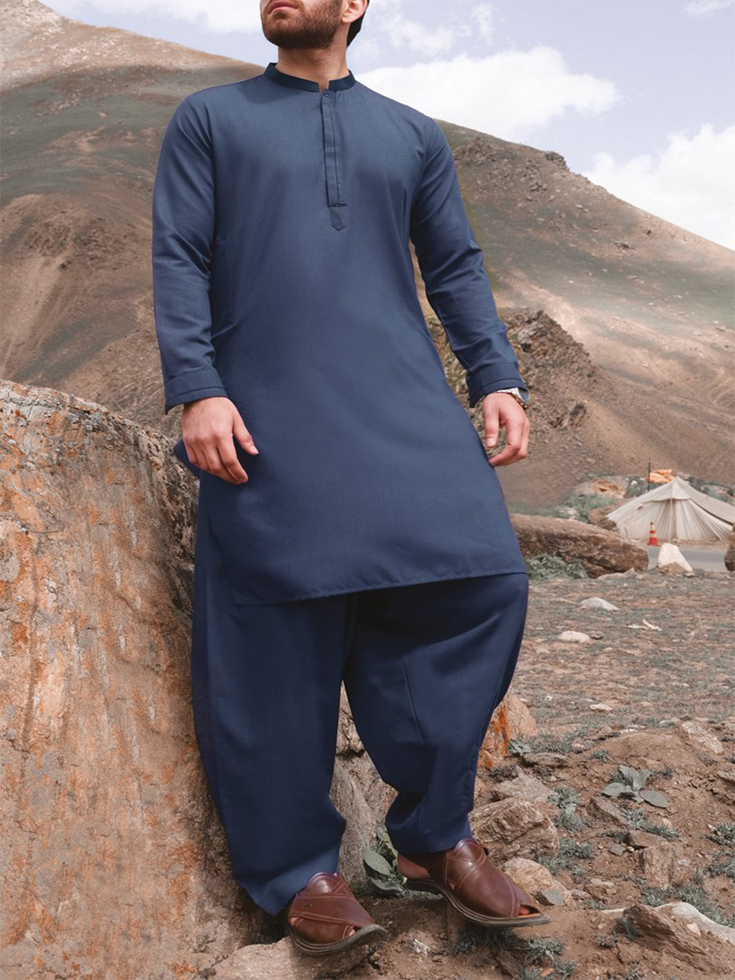 Greyish Blue Blended Kameez Shalwar - AL-KS-2438