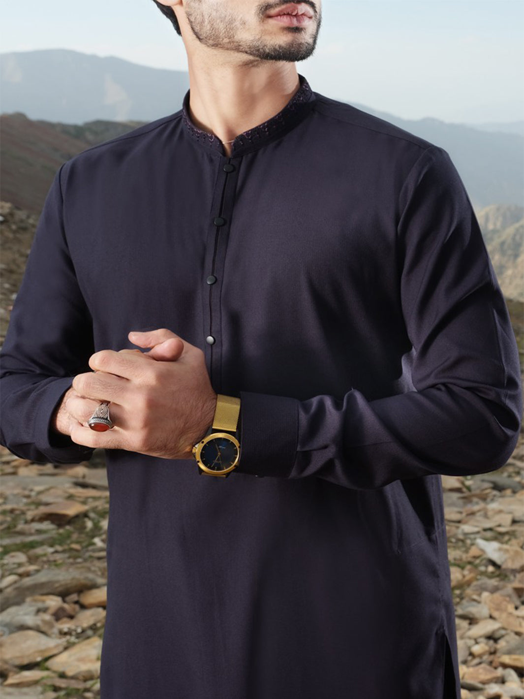 Navy Blue Blended Kameez Shalwar - AL-KS-2450