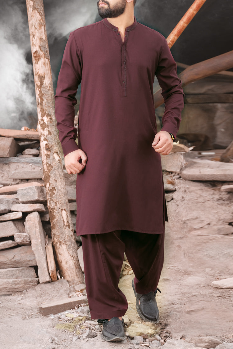 Burgundy Blended Kameez Shalwar - AL-KS-2453