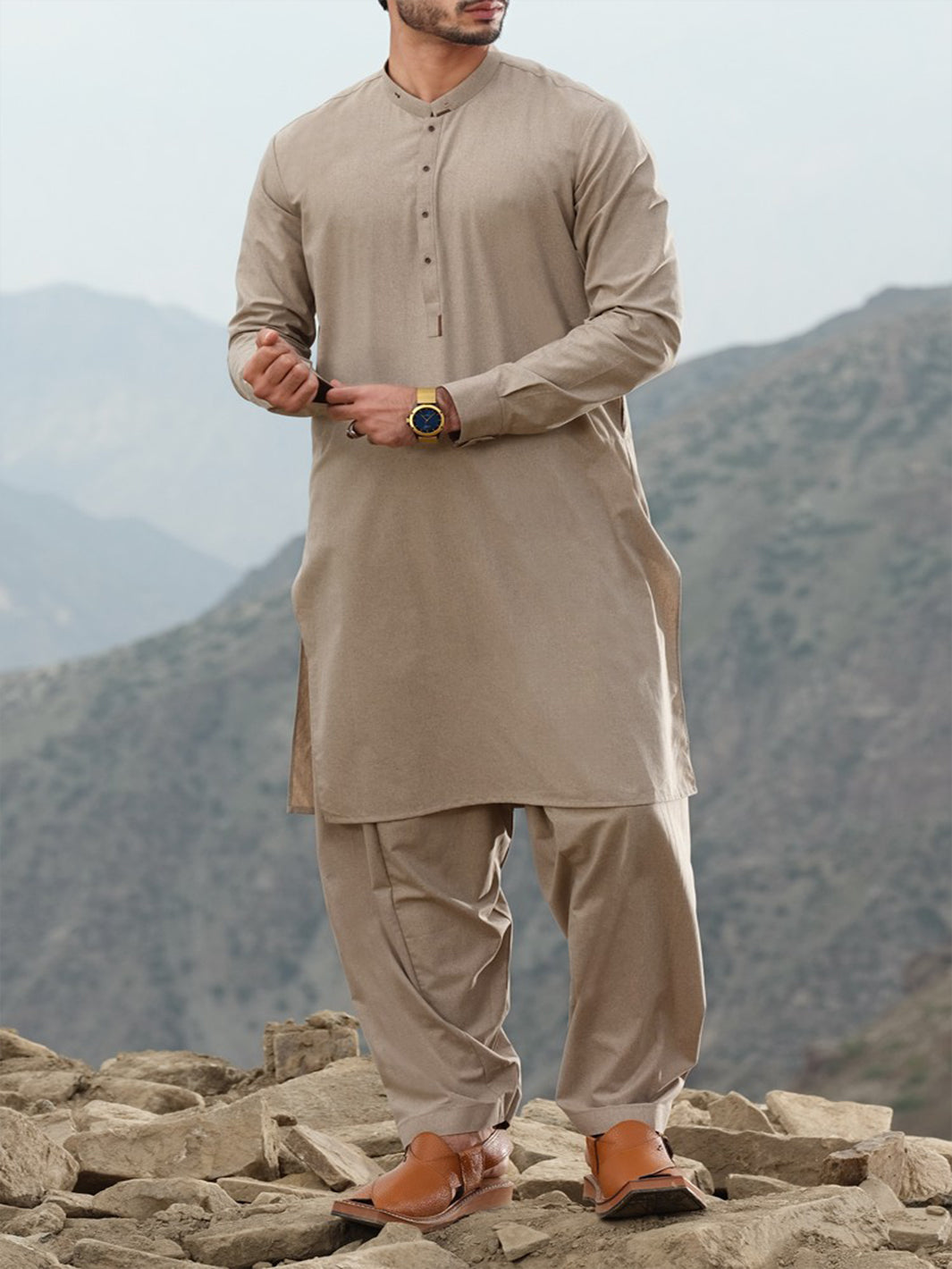 Beige Blended Kameez Shalwar - AL-KS-2459