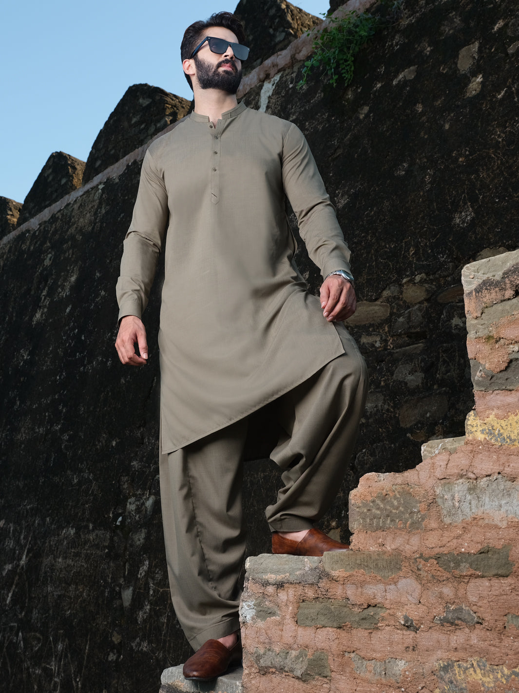 Light Brown Blended Kameez Shalwar - AL-KS-2536