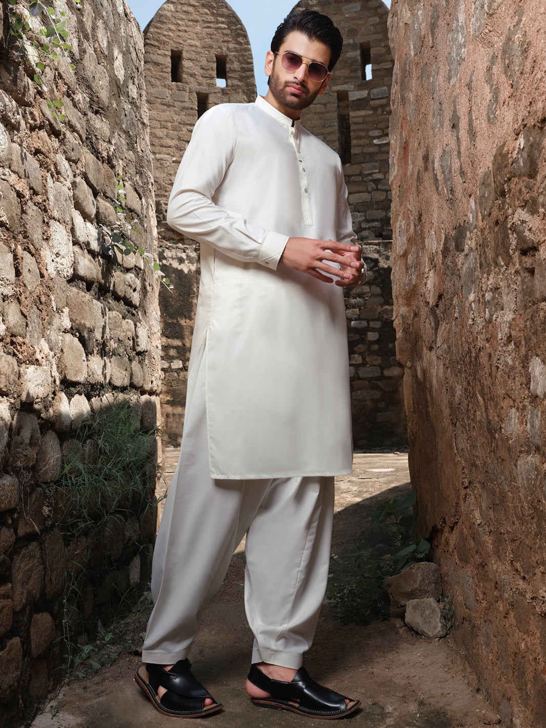 Off White Blended Kameez Shalwar - AL-KS-2539