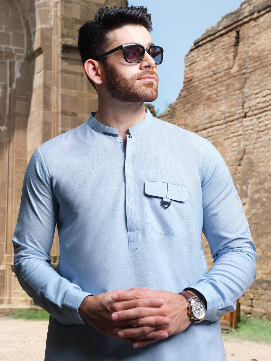Ice Blue Blended Kurta Pajama - AL-KS-2559