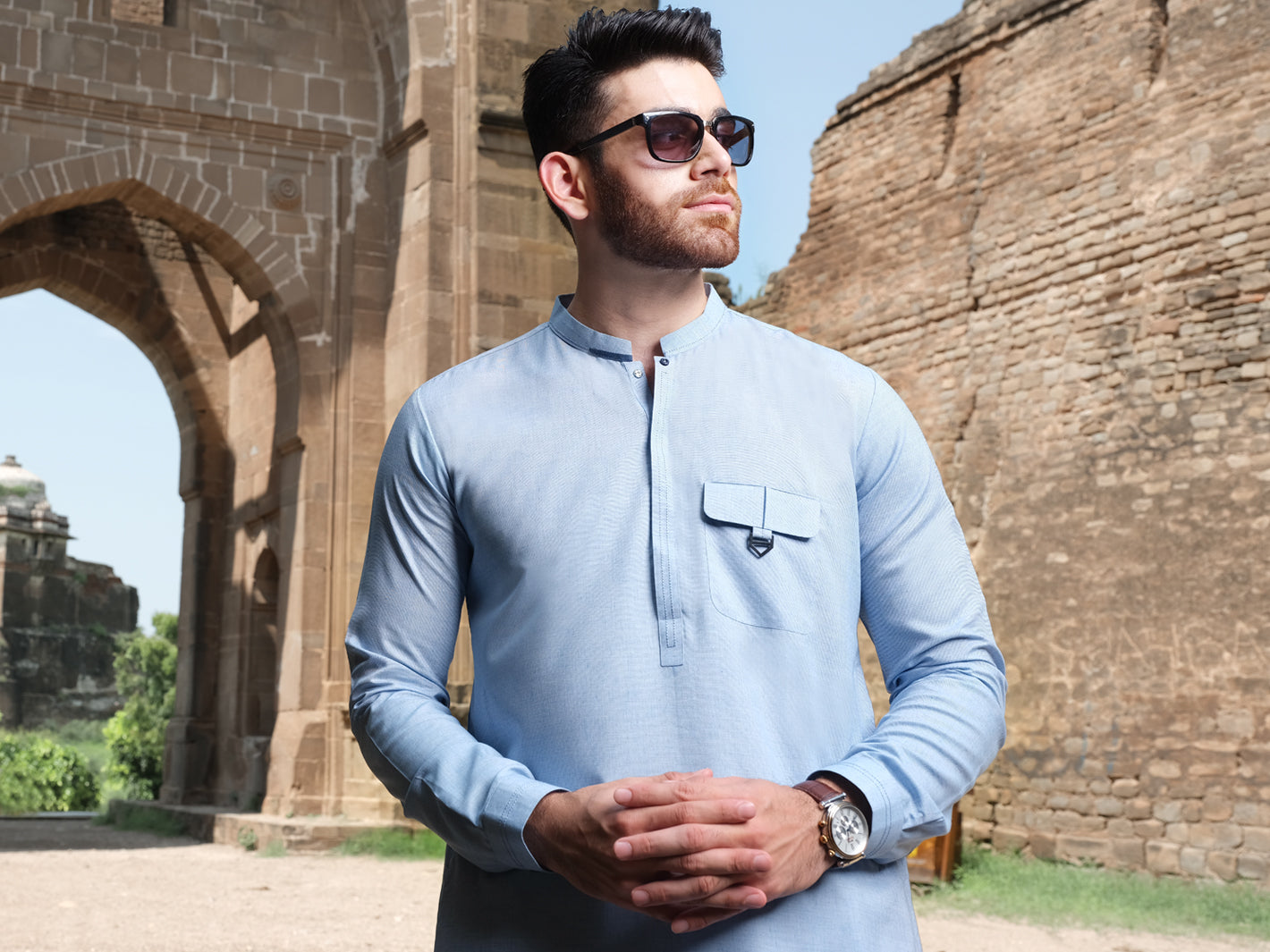 Ice Blue Blended Kurta Pajama - AL-KS-2559