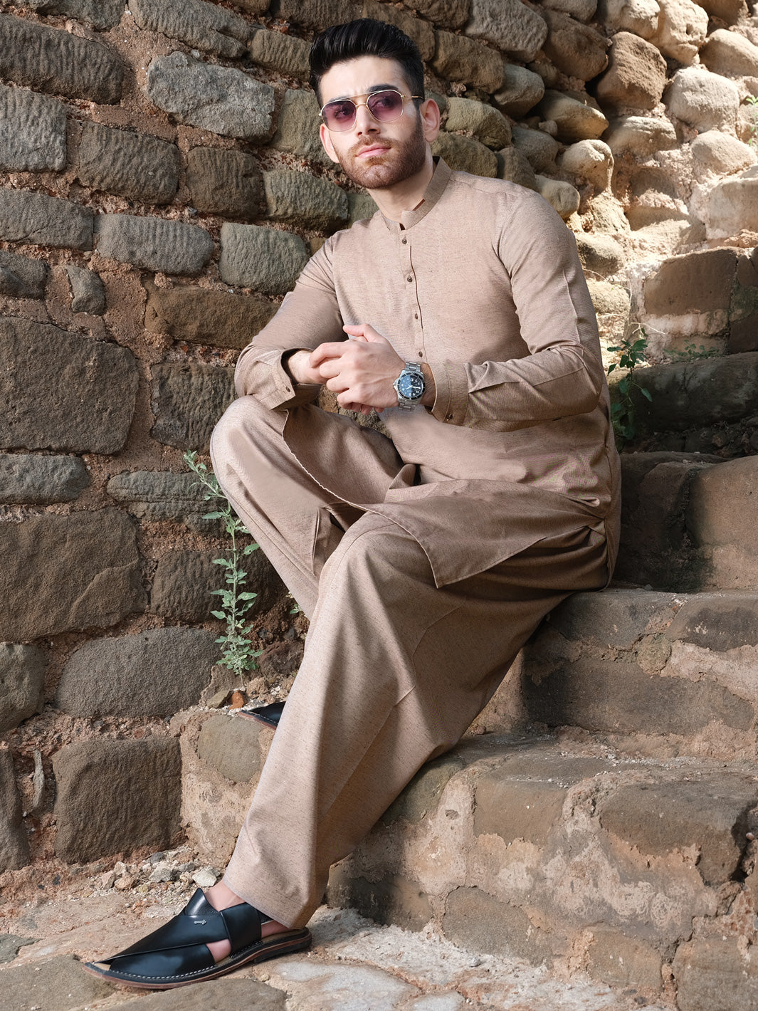 Light Brown Blended Kameez Shalwar - AL-KS-2571