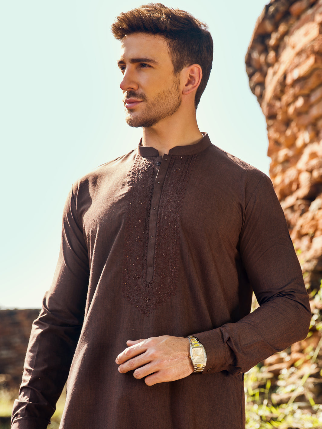 Dark Brown Blended Kameez Shalwar - AL-KS-2922