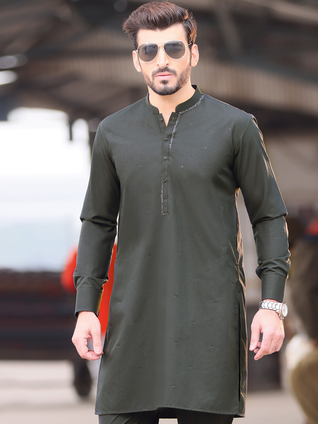 Dark Green Blended Kurta Pajama - AL-KT-2584