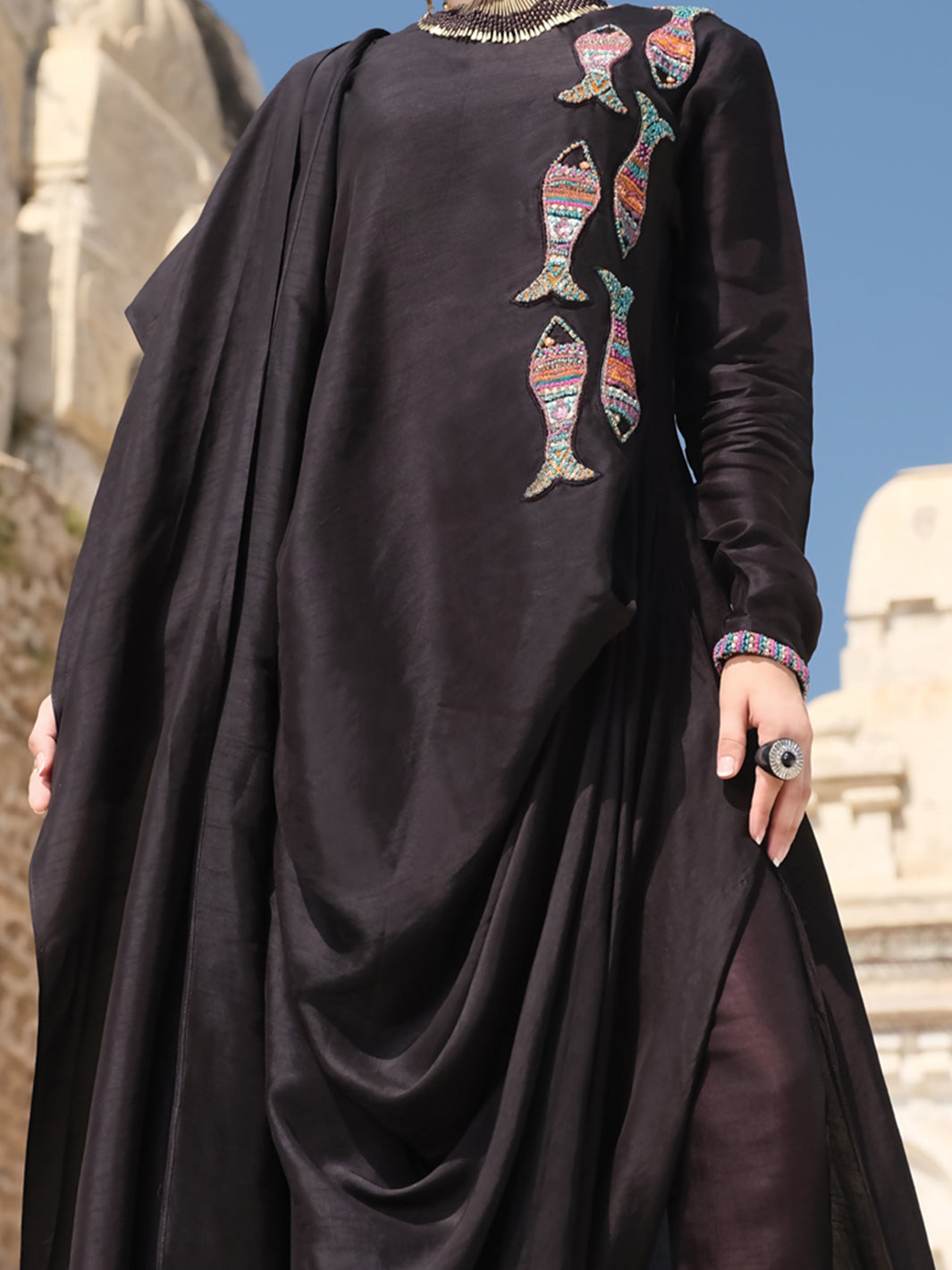 Black Raw Silk Tunic - LK-707