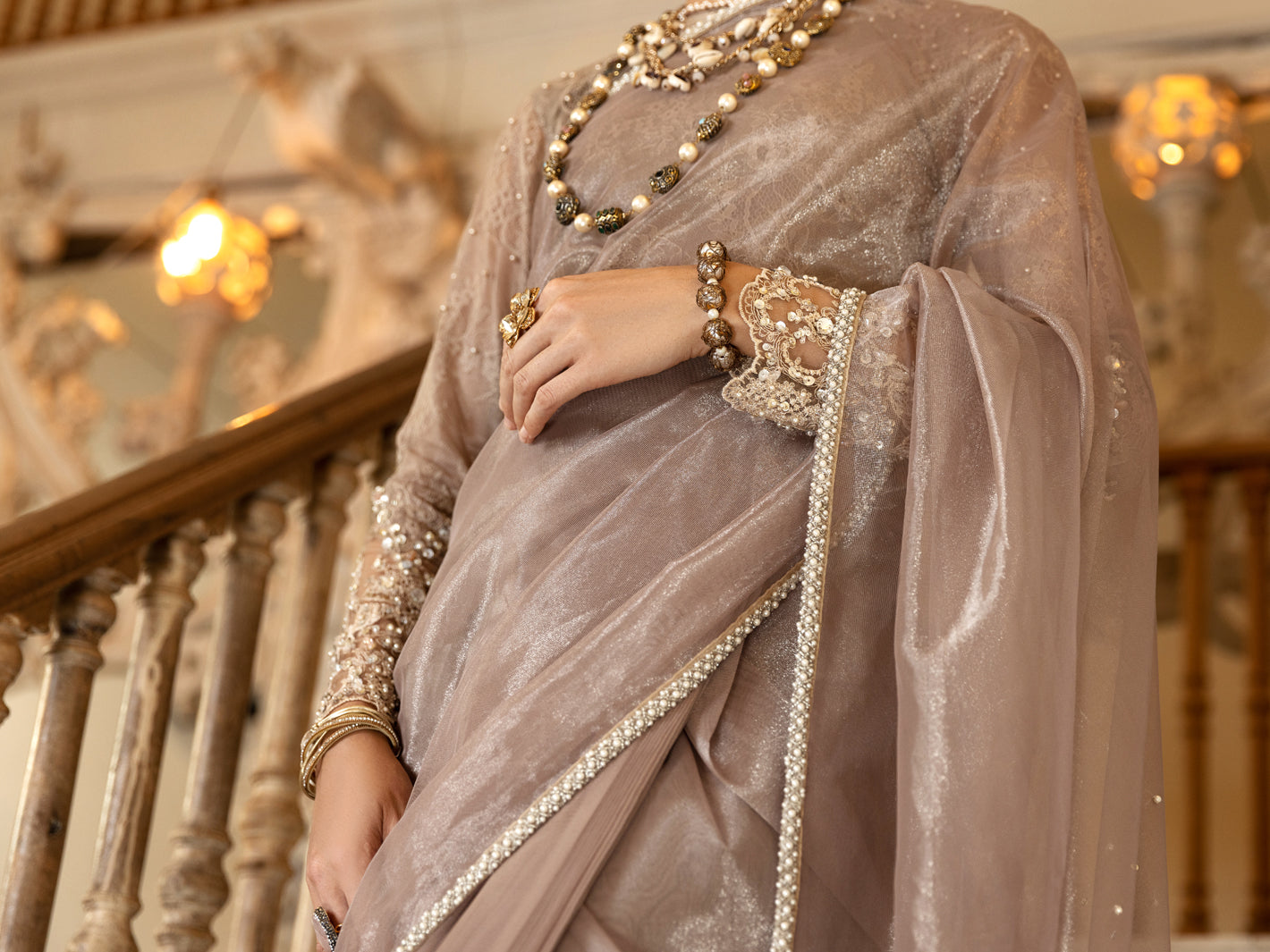 Beige Shimmer Net 2 Piece Formal Unstitched - AL-2PS-LS-UN-355
