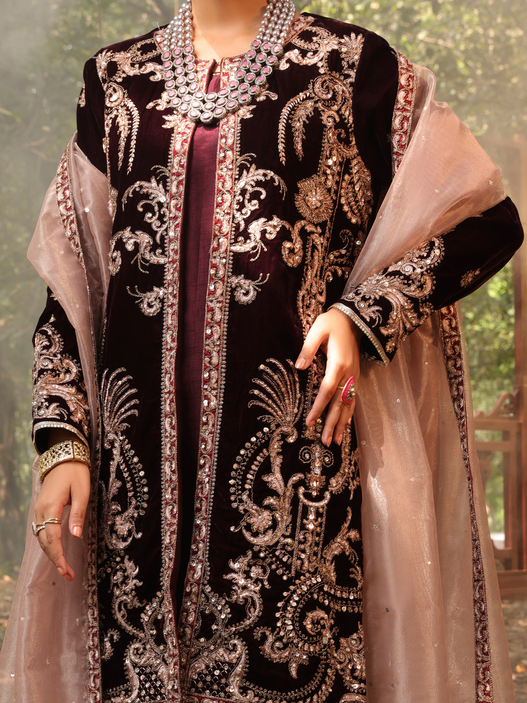 Maroon Velvet 3 Piece Formal Unstitched - AL-3PS-LS-UN-396