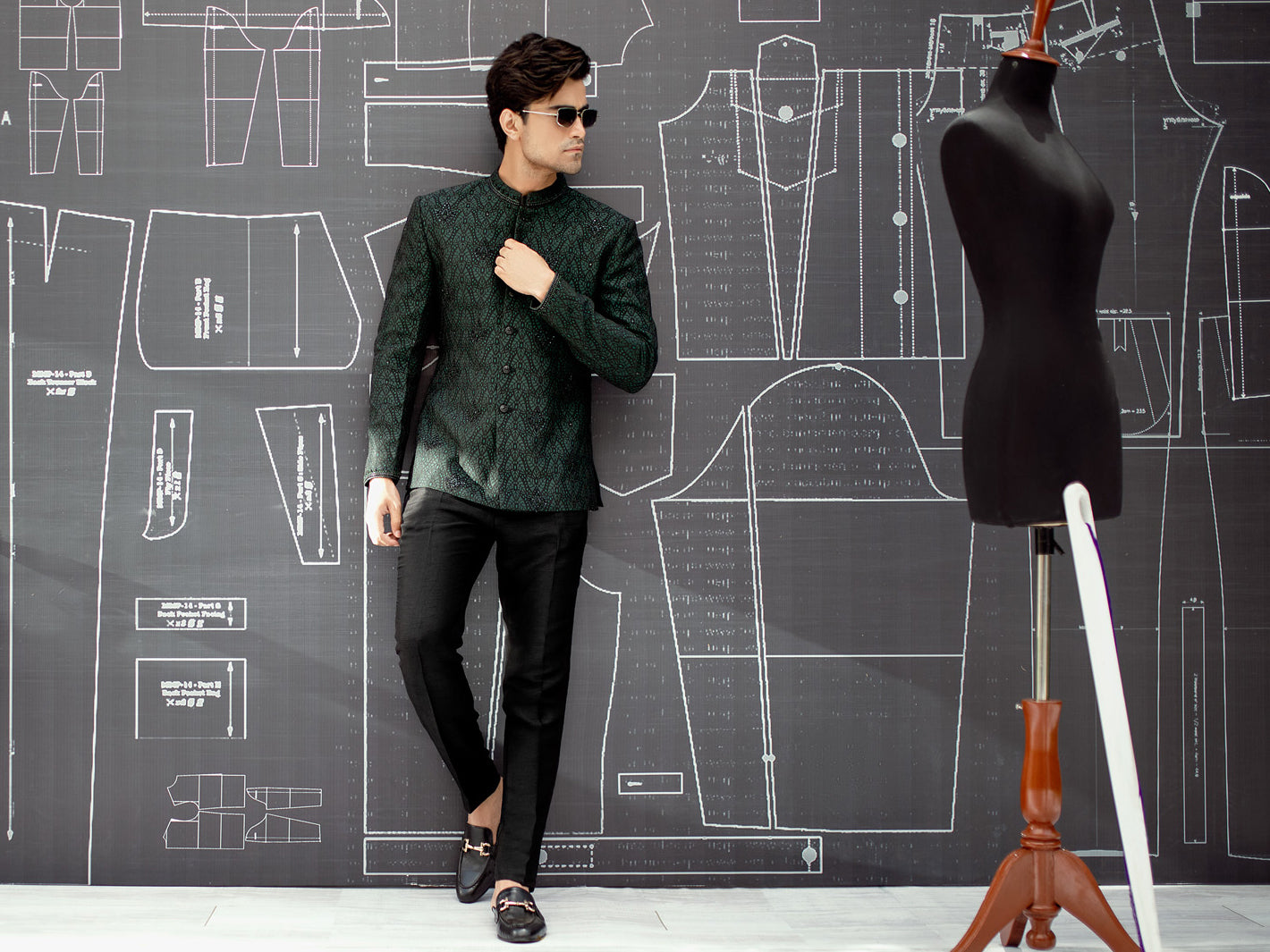 Dark Green Blended Fabric Prince Coat - AL-PCS-025
