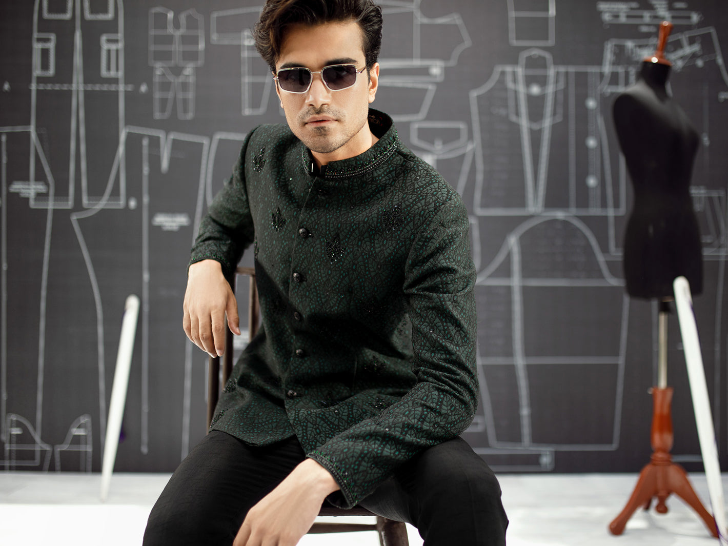 Dark Green Blended Fabric Prince Coat - AL-PCS-025