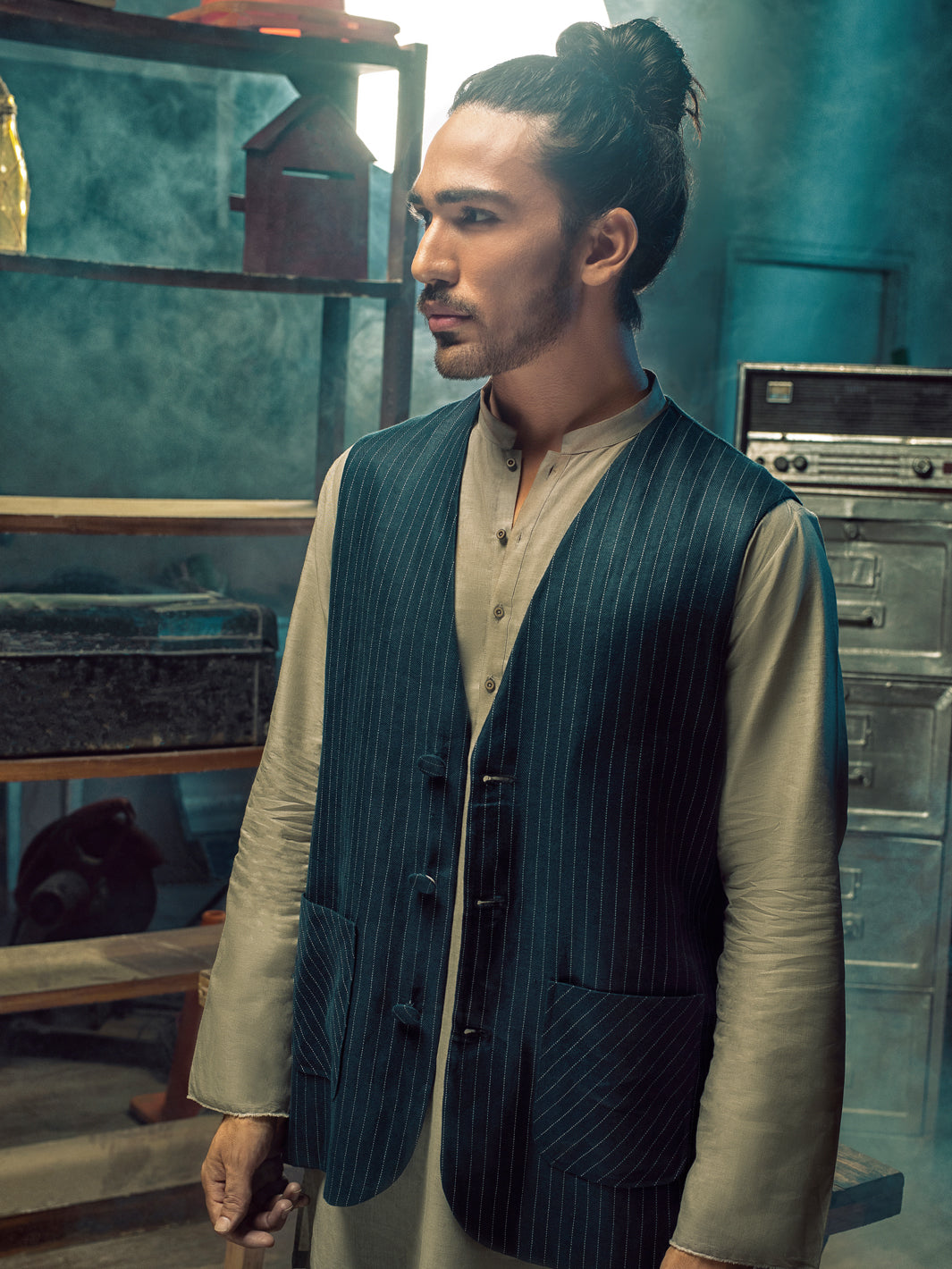Blue Linen Cotton Waistcoat - ALCR-WC-001 - Almirah Online