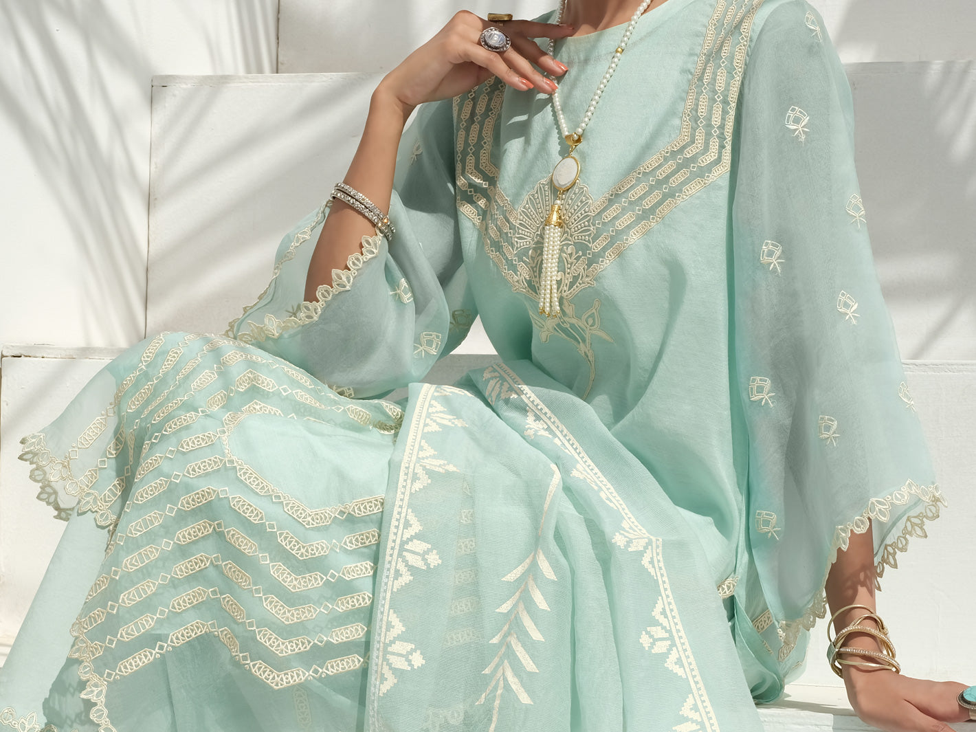 Sky Blue Swiss Voile + Khaddi Net 3Pc Stitched - ALP-3PS-1057