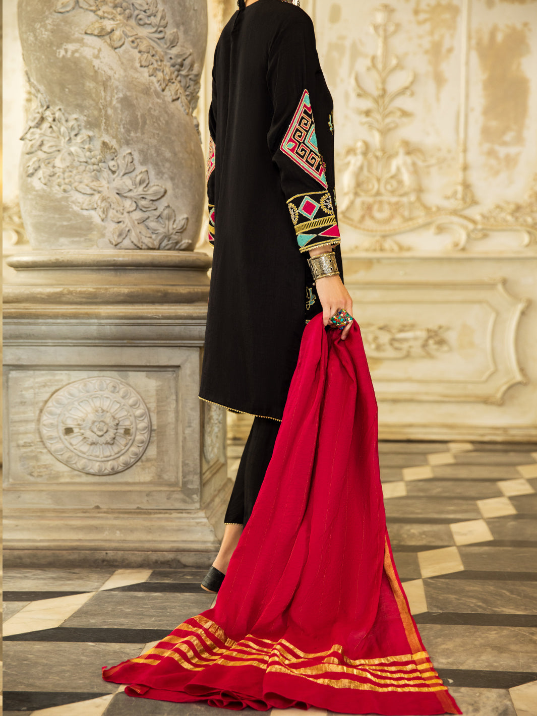 Black Raw Silk 3 Piece Stitched - ALP-3PS-1280