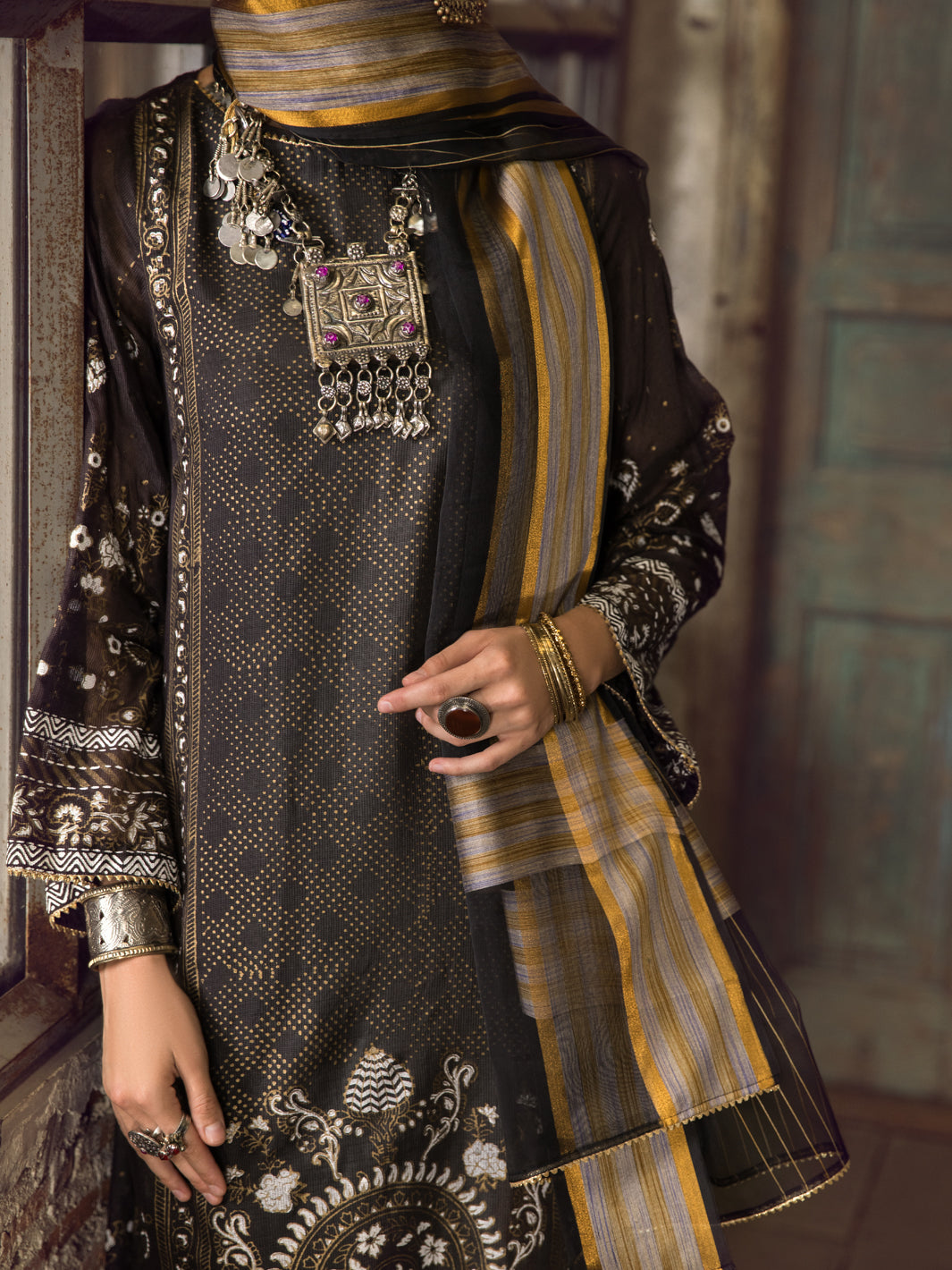 Black Khaddi Silk 3Pc Stitched - ALP-3PS-1286