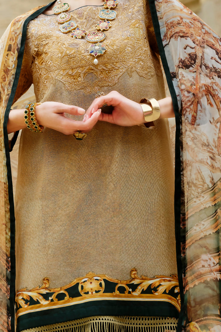 Gold Cotton Net 3 Piece Stitched - ALP-677