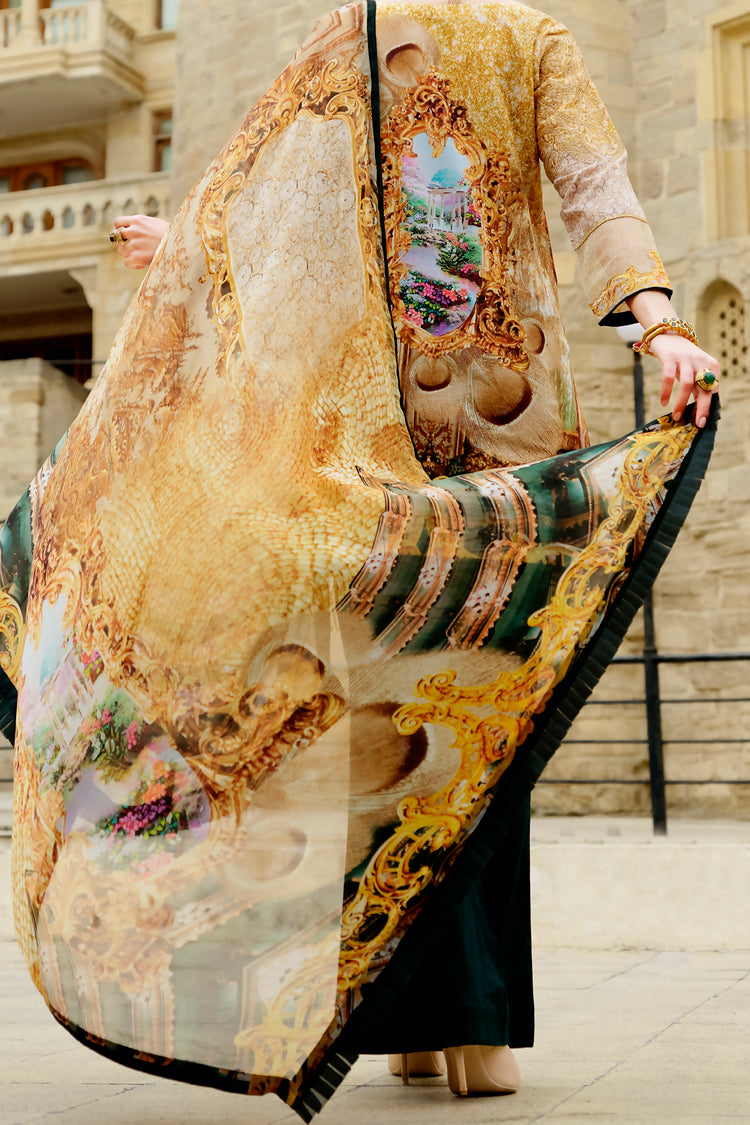 Gold Cotton Net 3 Piece Stitched - ALP-677